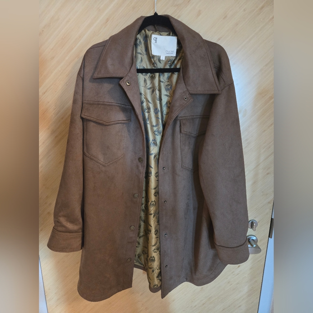 Anthropologie Pilcro Tillie Faux Suede Shacket - Brown Floral Lined - Large